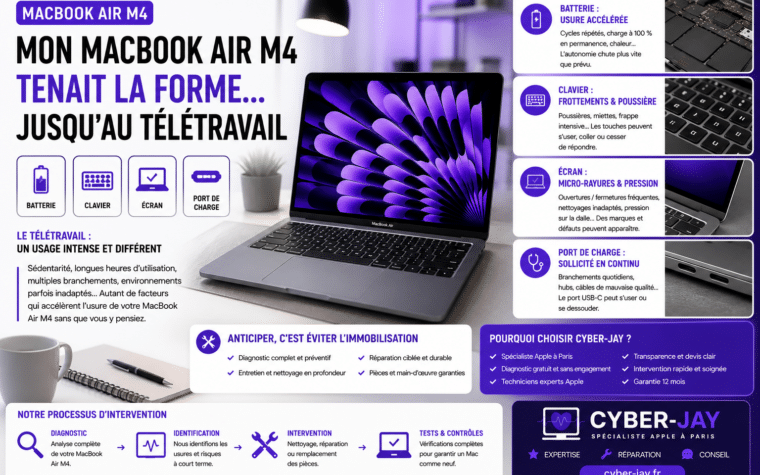 MacBook Air M4 télétravail usure batterie clavier écran